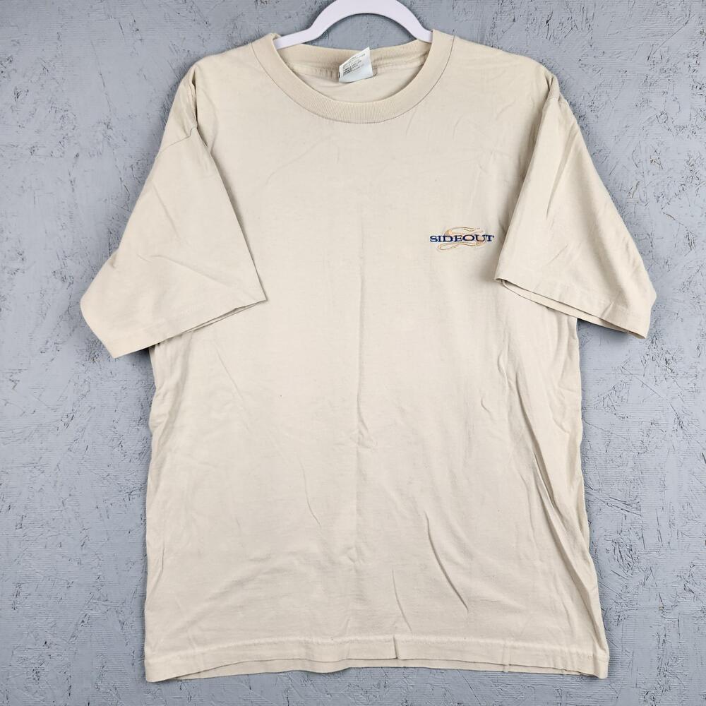 Vintage Sideout Sport Shirt Mens Large Beige Embroidered Logo Made USA Surf 90s